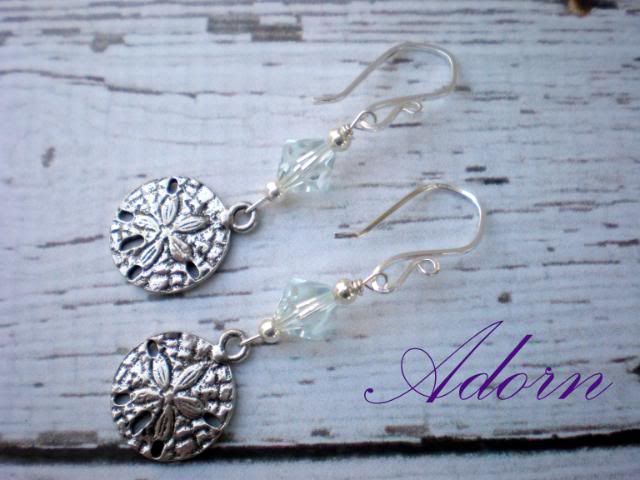 Walking the Beach Collecting Shells Sand Dollar Sterling Silver and Crystal Earrings