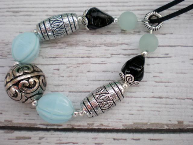 Nursing Necklace with Vintage Blue and Black Beads and Silvertone Accents