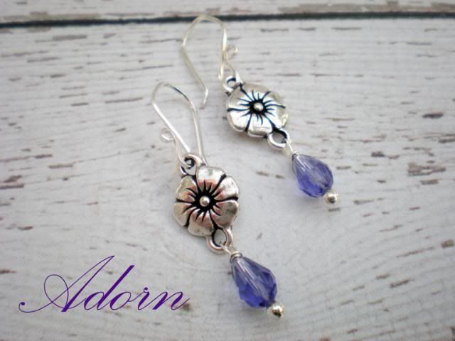 Purple Crystal and Silver Flower Earrings