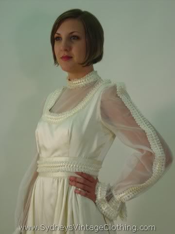 Vintage 70 39s Ivory Long Sheer Lace Wedding Dress S M