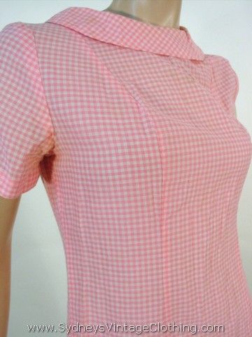 Vintage 60's Pink White Checkered Plaid Drop Waist Dress M L