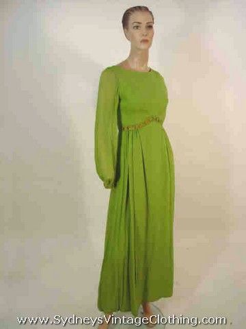 Vintage 70's Avocade Green Ugly Sheer Maxi Dress Small