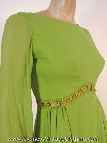 Vintage 70's Avocade Green Ugly Sheer Maxi Dress Small