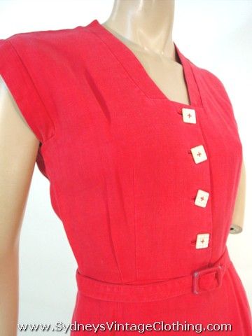 Vintage 50 39s Hot Pink Linen Mother Of Pearl Button Dress Large