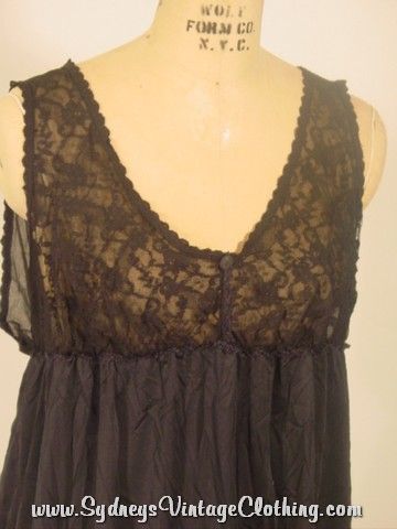 Vintage 70's Black Sheer Lace Lingerie Night Gown Large