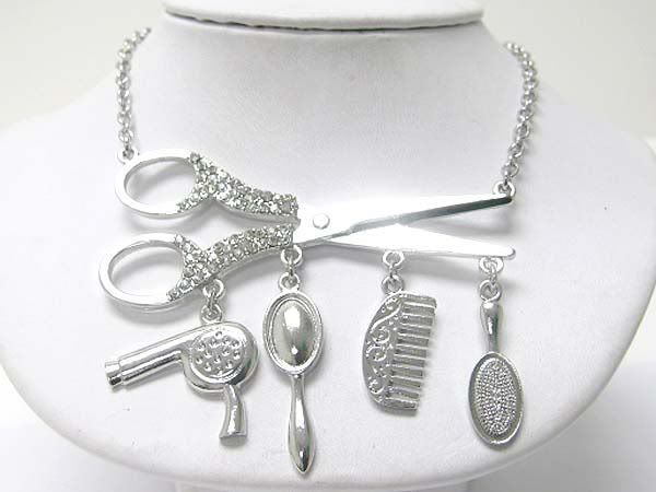 HAIR STYLIST Crystal SCISSORS COMB DRYER BRUSH MIRROR Charm NECKLACE ...