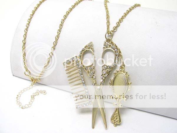 New Hair Stylist Crystal Scissors Comb Mirror Necklace